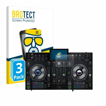 Parte frontale di una confezione del prodotto con il logo del marchio BROTECT. Accanto è raffigurato il dispositivo Denon DJ P