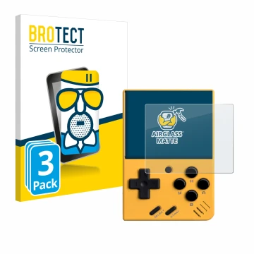 Parte frontale di una confezione del prodotto con il logo del marchio BROTECT. Accanto è raffigurato il dispositivo Miyoo Mini