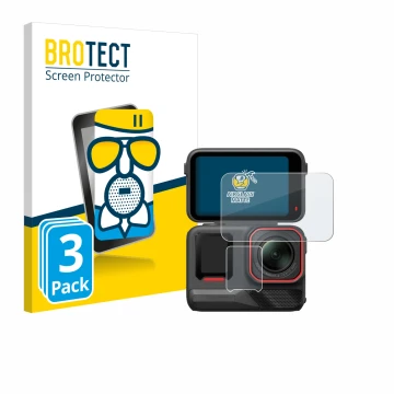 Parte frontale di una confezione del prodotto con il logo del marchio BROTECT. Accanto è raffigurato il dispositivo Insta360 A