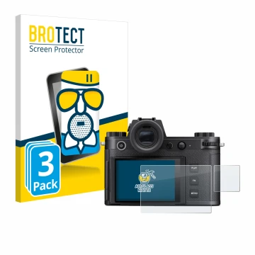 Parte frontale di una confezione del prodotto con il logo del marchio BROTECT. Accanto è raffigurato il dispositivo Leica SL3-