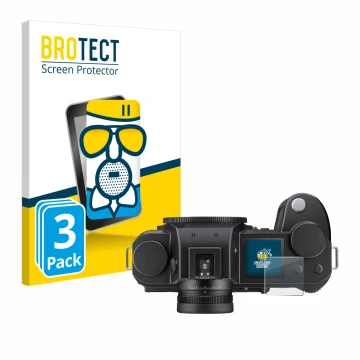 Parte frontale di una confezione del prodotto con il logo del marchio BROTECT. Accanto è raffigurato il dispositivo Leica SL3-
