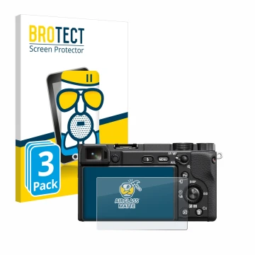 Parte frontale di una confezione del prodotto con il logo del marchio BROTECT. Accanto è raffigurato il dispositivo Sony Alpha