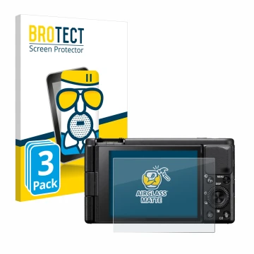 Parte frontale di una confezione del prodotto con il logo del marchio BROTECT. Accanto è raffigurato il dispositivo Sony ZV-1A
