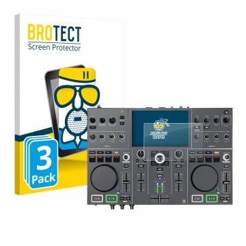 Parte frontale di una confezione del prodotto con il logo del marchio BROTECT. Accanto è raffigurato il dispositivo Denon DJ P