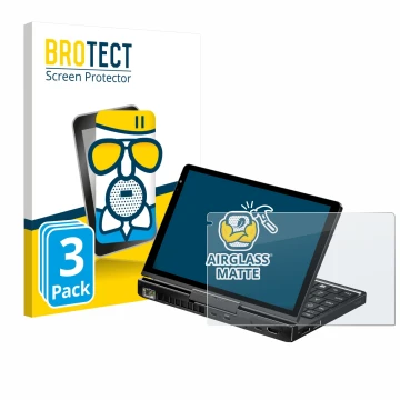 Parte frontale di una confezione del prodotto con il logo del marchio BROTECT. Accanto è raffigurato il dispositivo GPD Pocket