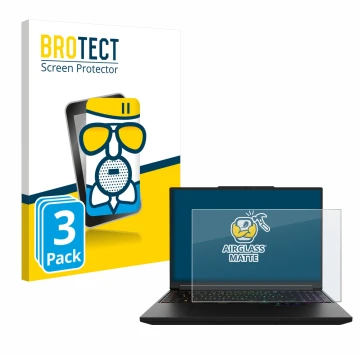Parte frontale di una confezione del prodotto con il logo del marchio BROTECT. Accanto è raffigurato il dispositivo XMG Pro 16