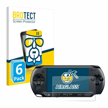 Parte frontale di una confezione del prodotto con il logo del marchio BROTECT. Accanto è raffigurato il dispositivo Sony PSP 1