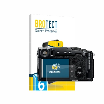 Parte frontale di una confezione del prodotto con il logo del marchio BROTECT. Accanto è raffigurato il dispositivo Fujifilm X