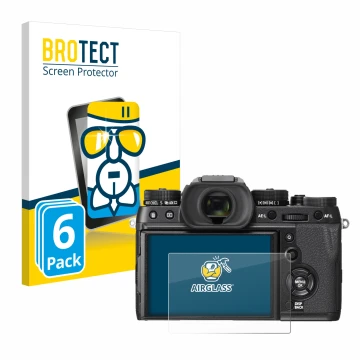 Parte frontale di una confezione del prodotto con il logo del marchio BROTECT. Accanto è raffigurato il dispositivo Fujifilm X