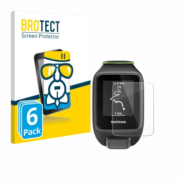 Parte frontale di una confezione del prodotto con il logo del marchio BROTECT. Accanto è raffigurato il dispositivo TomTom Run