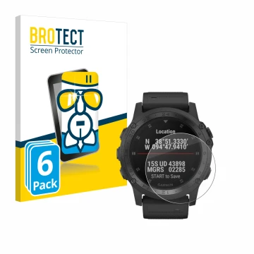 Parte frontale di una confezione del prodotto con il logo del marchio BROTECT. Accanto è raffigurato il dispositivo Garmin Tac