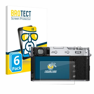 Parte frontale di una confezione del prodotto con il logo del marchio BROTECT. Accanto è raffigurato il dispositivo Fujifilm X