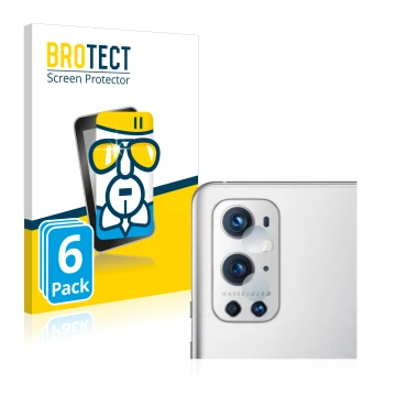 Parte frontale di una confezione del prodotto con il logo del marchio BROTECT. Accanto è raffigurato il dispositivo OnePlus 9 