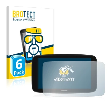 Parte frontale di una confezione del prodotto con il logo del marchio BROTECT. Accanto è raffigurato il dispositivo TomTom Go 