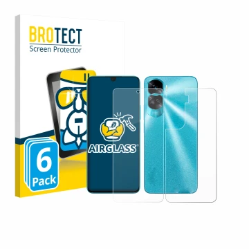 Parte frontale di una confezione del prodotto con il logo del marchio BROTECT. Accanto è raffigurato il dispositivo Honor 90 L