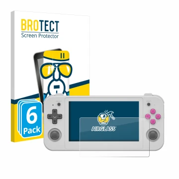 Parte frontale di una confezione del prodotto con il logo del marchio BROTECT. Accanto è raffigurato il dispositivo Anbernic R