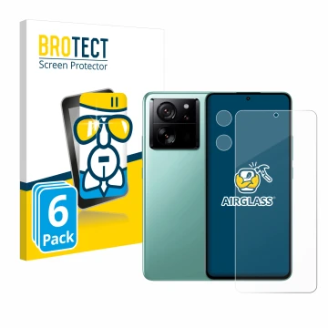 Parte frontale di una confezione del prodotto con il logo del marchio BROTECT. Accanto è raffigurato il dispositivo Xiaomi 13T