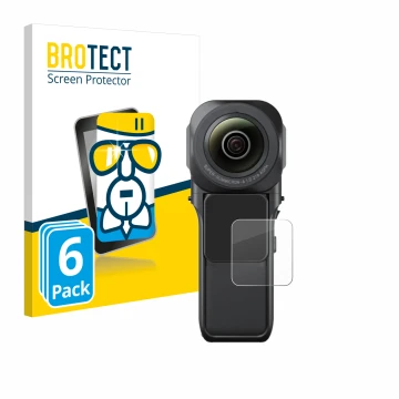 Parte frontale di una confezione del prodotto con il logo del marchio BROTECT. Accanto è raffigurato il dispositivo Insta360 O