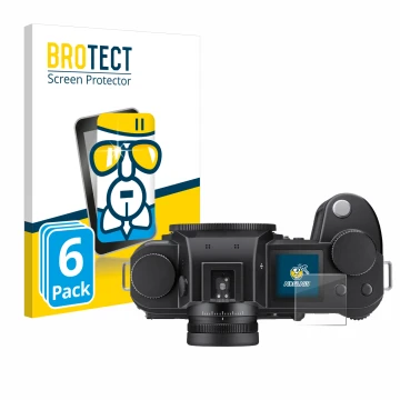 Parte frontale di una confezione del prodotto con il logo del marchio BROTECT. Accanto è raffigurato il dispositivo Leica SL3 