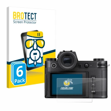Parte frontale di una confezione del prodotto con il logo del marchio BROTECT. Accanto è raffigurato il dispositivo Leica SL3 