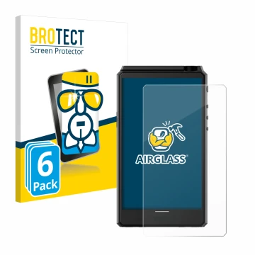 Parte frontale di una confezione del prodotto con il logo del marchio BROTECT. Accanto è raffigurato il dispositivo Hiby R6 II