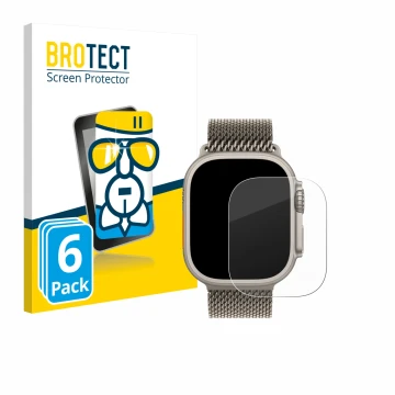 Parte frontale di una confezione del prodotto con il logo del marchio BROTECT. Accanto è raffigurato il dispositivo Apple Watc