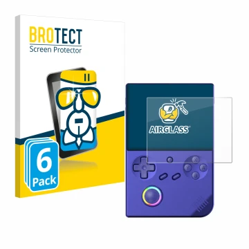 Parte frontale di una confezione del prodotto con il logo del marchio BROTECT. Accanto è raffigurato il dispositivo Anbernic R