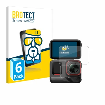 Parte frontale di una confezione del prodotto con il logo del marchio BROTECT. Accanto è raffigurato il dispositivo Insta360 A
