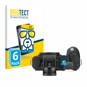 Parte frontale di una confezione del prodotto con il logo del marchio BROTECT. Accanto è raffigurato il dispositivo Leica SL3-