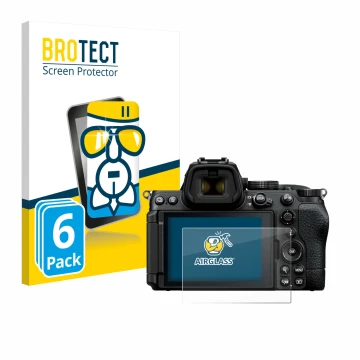 Parte frontale di una confezione del prodotto con il logo del marchio BROTECT. Accanto è raffigurato il dispositivo Nikon Z5 I