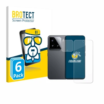 Parte frontale di una confezione del prodotto con il logo del marchio BROTECT. Accanto è raffigurato il dispositivo Xiaomi 15 