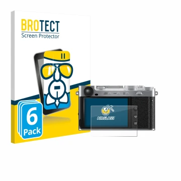 Parte frontale di una confezione del prodotto con il logo del marchio BROTECT. Accanto è raffigurato il dispositivo Fujifilm X