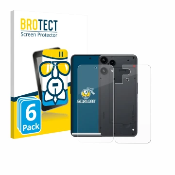 Parte frontale di una confezione del prodotto con il logo del marchio BROTECT. Accanto è raffigurato il dispositivo Nothing Ph