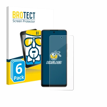 Parte frontale di una confezione del prodotto con il logo del marchio BROTECT. Accanto è raffigurato il dispositivo Tecno Pova