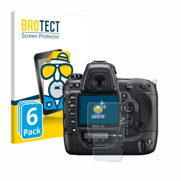 Parte frontale di una confezione del prodotto con il logo del marchio BROTECT. Accanto è raffigurato il dispositivo Nikon D3S 