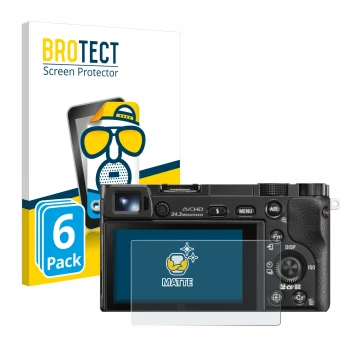Parte frontale di una confezione del prodotto con il logo del marchio BROTECT. Accanto è raffigurato il dispositivo Sony Alpha