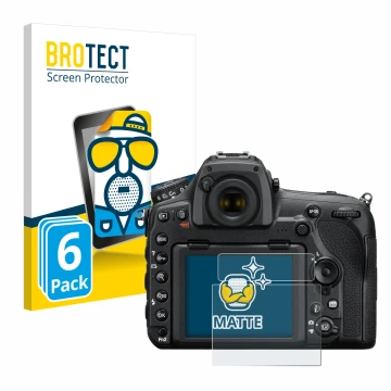 Parte frontale di una confezione del prodotto con il logo del marchio BROTECT. Accanto è raffigurato il dispositivo Nikon D850