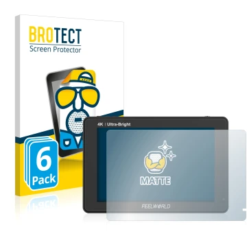Parte frontale di una confezione del prodotto con il logo del marchio BROTECT. Accanto è raffigurato il dispositivo Feelworld 