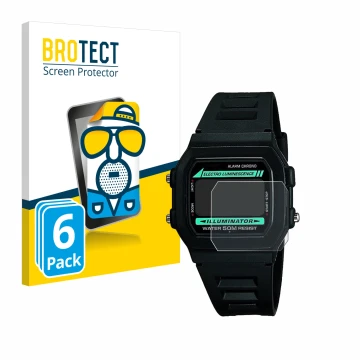Parte frontale di una confezione del prodotto con il logo del marchio BROTECT. Accanto è raffigurato il dispositivo Casio W-86