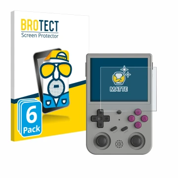 Parte frontale di una confezione del prodotto con il logo del marchio BROTECT. Accanto è raffigurato il dispositivo Anbernic R