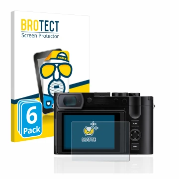 Parte frontale di una confezione del prodotto con il logo del marchio BROTECT. Accanto è raffigurato il dispositivo Leica Q3 c