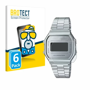 Parte frontale di una confezione del prodotto con il logo del marchio BROTECT. Accanto è raffigurato il dispositivo Casio A168