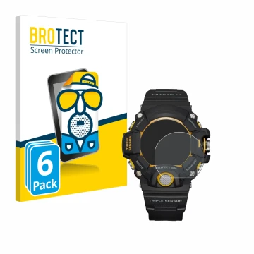 Parte frontale di una confezione del prodotto con il logo del marchio BROTECT. Accanto è raffigurato il dispositivo Casio G-Sh