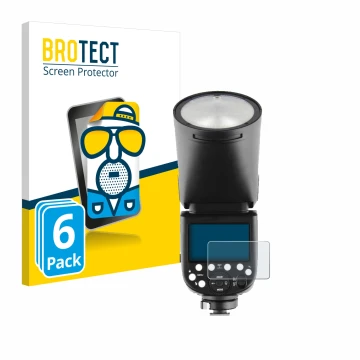 Parte frontale di una confezione del prodotto con il logo del marchio BROTECT. Accanto è raffigurato il dispositivo Godox V1 c