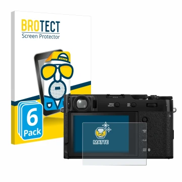 Parte frontale di una confezione del prodotto con il logo del marchio BROTECT. Accanto è raffigurato il dispositivo Fujifilm X