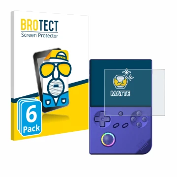 Parte frontale di una confezione del prodotto con il logo del marchio BROTECT. Accanto è raffigurato il dispositivo Anbernic R