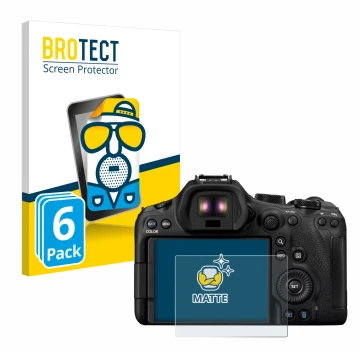Parte frontale di una confezione del prodotto con il logo del marchio BROTECT. Accanto è raffigurato il dispositivo Canon EOS 