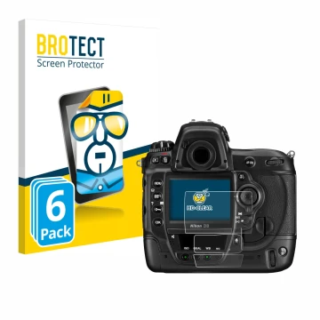 Parte frontale di una confezione del prodotto con il logo del marchio BROTECT. Accanto è raffigurato il dispositivo Nikon D3 c