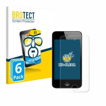 Parte frontale di una confezione del prodotto con il logo del marchio BROTECT. Accanto è raffigurato il dispositivo Apple iPod