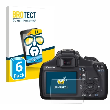 Parte frontale di una confezione del prodotto con il logo del marchio BROTECT. Accanto è raffigurato il dispositivo Canon EOS 